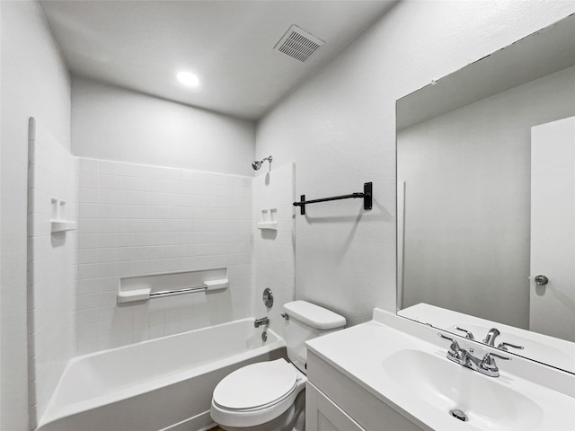 full bathroom with toilet, vanity, and tub / shower combination