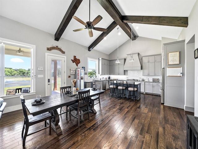 dining area featuring dark hardwood / wood-style flooring, sink, beam ceiling, and ceiling fan