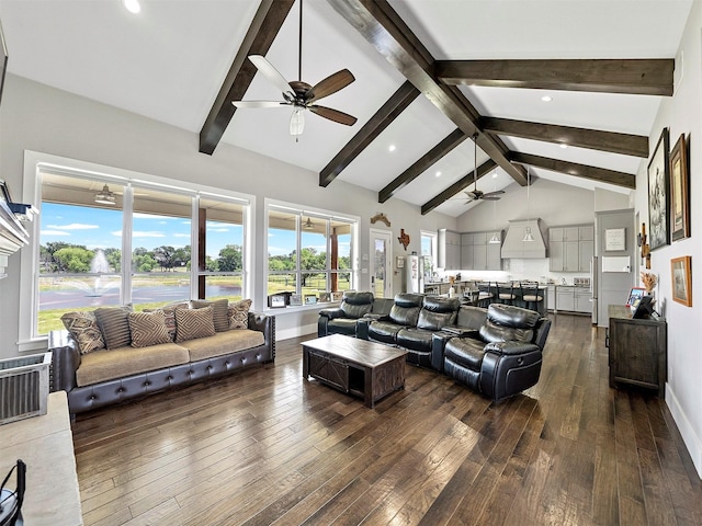 living room featuring dark wood-type flooring, ceiling fan, high vaulted ceiling, and beamed ceiling