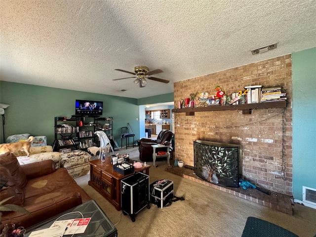 carpeted living area with visible vents, a textured ceiling, and ceiling fan