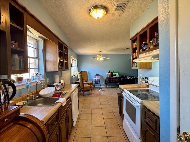 kitchen with open shelves, under cabinet range hood, a sink, and white appliances