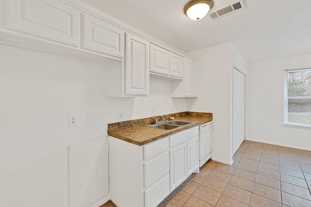 kitchen with dark countertops, visible vents, white cabinetry, a sink, and dishwasher