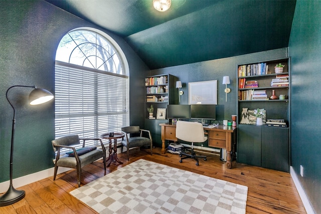 office with lofted ceiling and wood-type flooring