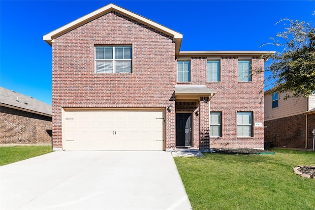 view of property featuring a garage and a front yard