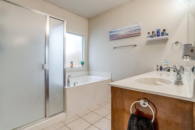 bathroom with vanity, separate shower and tub, and tile patterned flooring