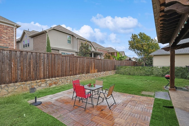 view of patio with a residential view, outdoor dining area, and a fenced backyard