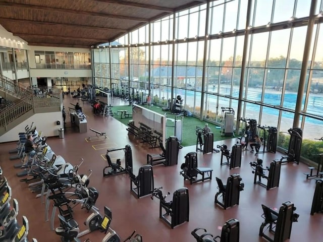 workout area featuring a wall of windows