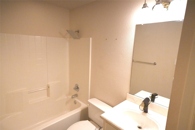 full bathroom with vanity,  shower combination, and toilet