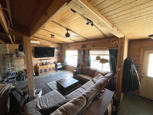 living room featuring lofted ceiling with beams, wooden ceiling, ceiling fan, and wood walls