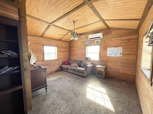 carpeted living room with lofted ceiling, ceiling fan, wooden ceiling, an AC wall unit, and wood walls