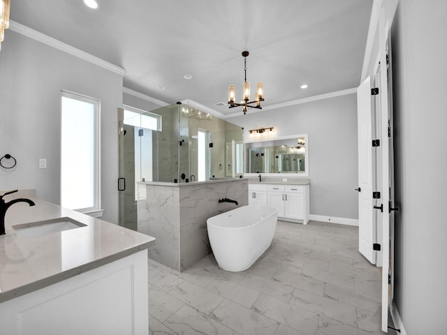 bathroom featuring vanity, ornamental molding, independent shower and bath, and a chandelier