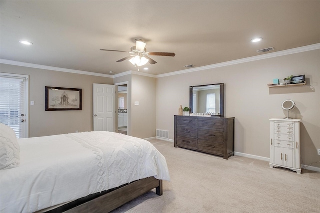 bedroom featuring ornamental molding, light carpet, and ceiling fan