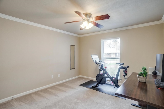 workout room featuring light carpet, crown molding, and ceiling fan