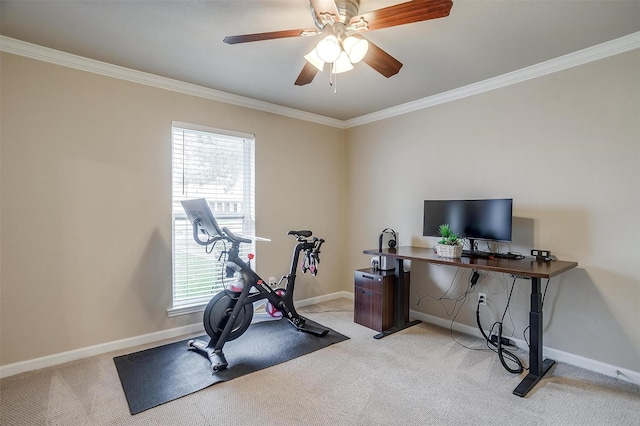 exercise area with ceiling fan, light colored carpet, and ornamental molding