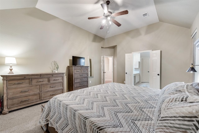 carpeted bedroom featuring ceiling fan, connected bathroom, and high vaulted ceiling