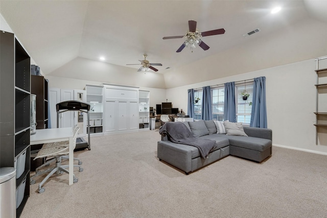 living room with light carpet and vaulted ceiling