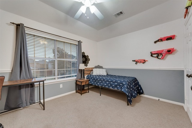 bedroom with ceiling fan and carpet floors