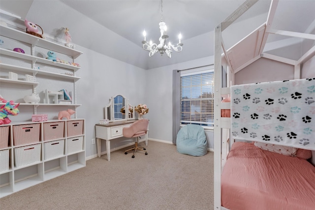 bedroom featuring an inviting chandelier and carpet