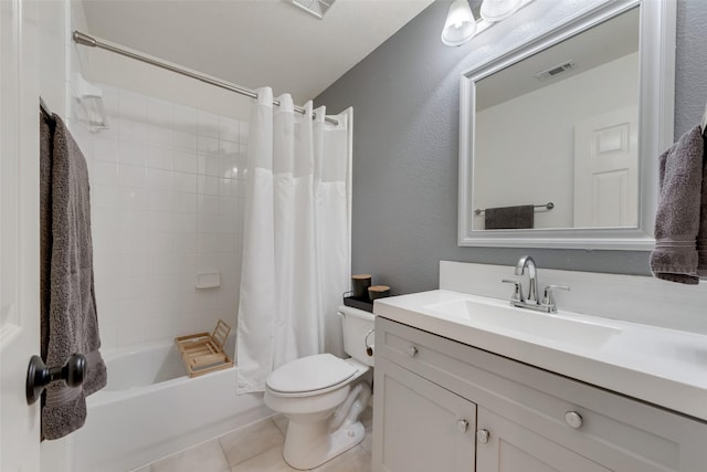 full bathroom featuring vanity, shower / bathtub combination with curtain, tile patterned floors, and toilet