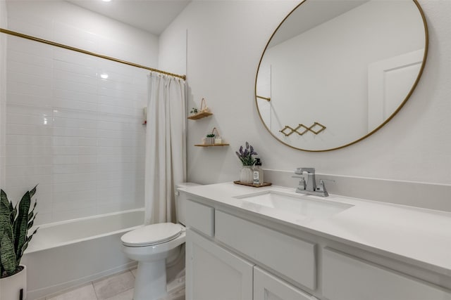 full bathroom with shower / tub combo, vanity, tile patterned floors, and toilet