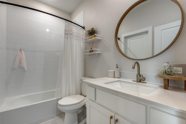 full bathroom featuring vanity, shower / bathtub combination with curtain, and toilet