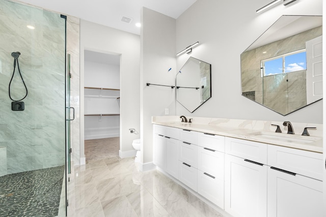 bathroom with vanity, a shower with shower door, and toilet