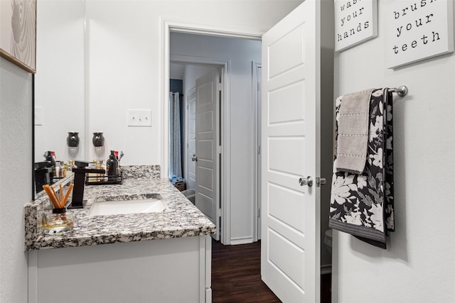 bathroom with hardwood / wood-style flooring and vanity