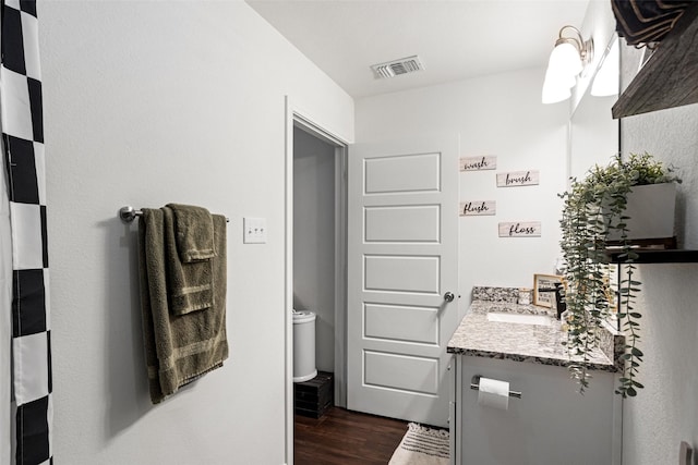 bathroom featuring vanity, wood-type flooring, and toilet