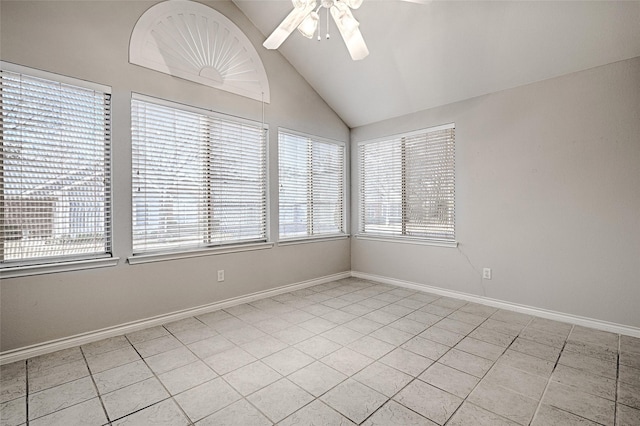 empty room featuring ceiling fan and vaulted ceiling