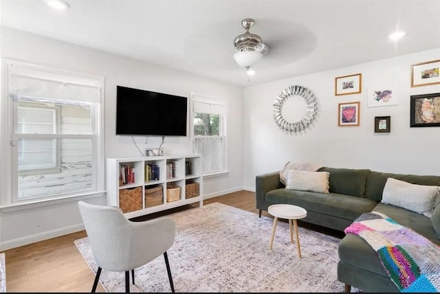 4217 Winfield Ave, Fort Worth, TX 76109 - living room featuring ceiling fan, baseboards, wood finished floors, and recessed lighting