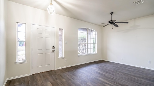 entrance foyer featuring ceiling fan and dark hardwood / wood-style flooring