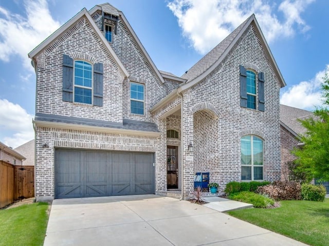 view of front of home with an attached garage, brick siding, fence, driveway, and a front lawn