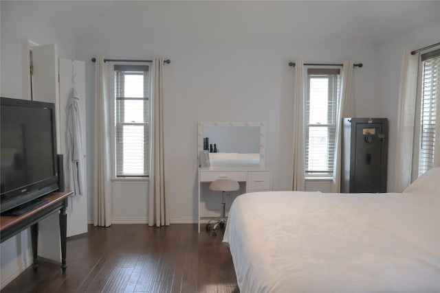 bedroom featuring dark hardwood / wood-style flooring and multiple windows