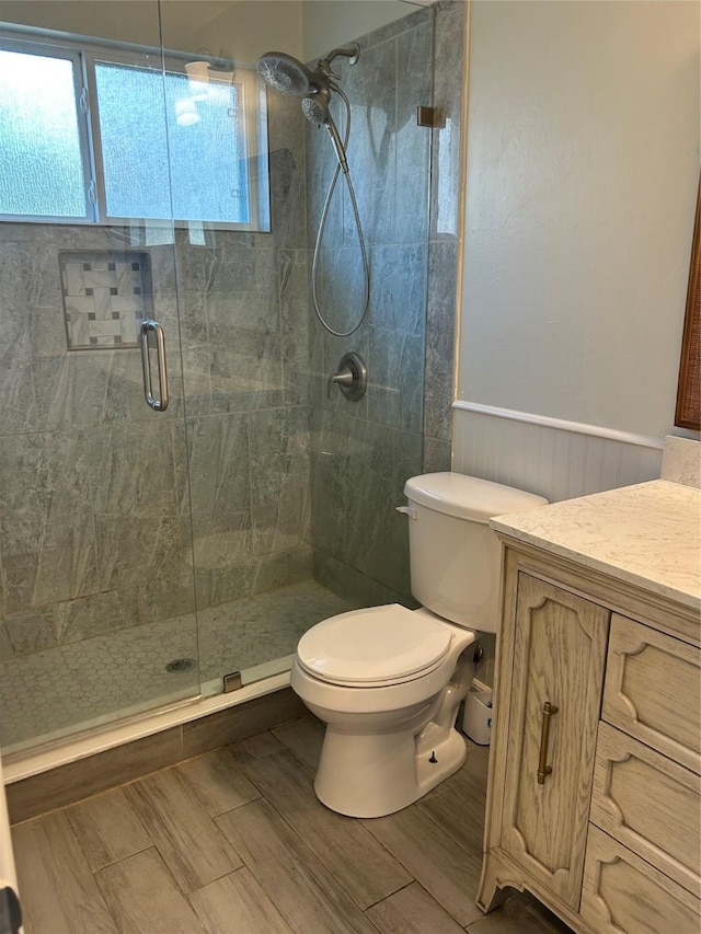 bathroom with a shower with door, vanity, and toilet