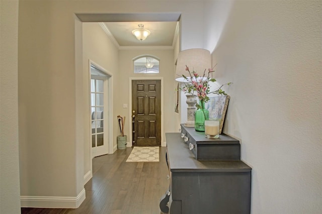 entrance foyer featuring crown molding and dark wood-type flooring