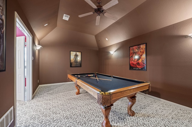 rec room featuring vaulted ceiling, carpet flooring, pool table, and ceiling fan