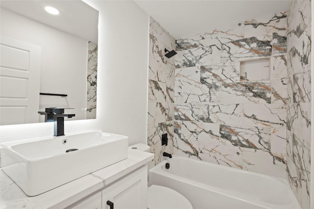 bathroom featuring toilet, shower / tub combination, recessed lighting, and vanity