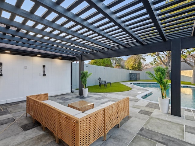 view of patio / terrace featuring a fenced in pool and a pergola