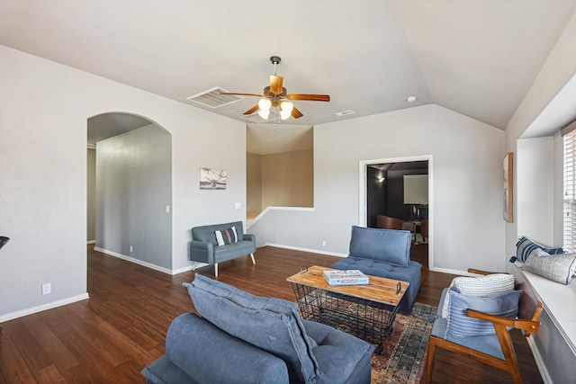 living room with ceiling fan, lofted ceiling, and dark hardwood / wood-style flooring