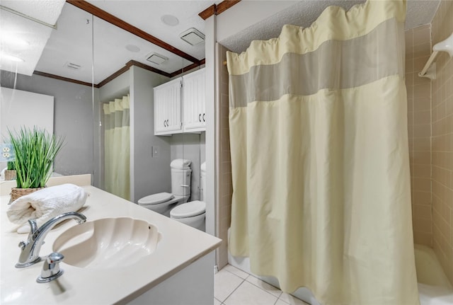 full bathroom with toilet, a textured ceiling, ornamental molding, vanity, and tile patterned flooring