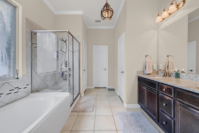 bathroom with tile patterned flooring, crown molding, shower with separate bathtub, and vanity