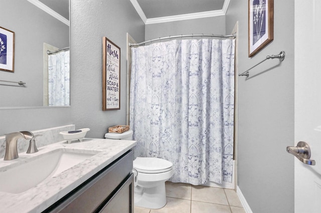 bathroom with tile patterned flooring, vanity, ornamental molding, and toilet