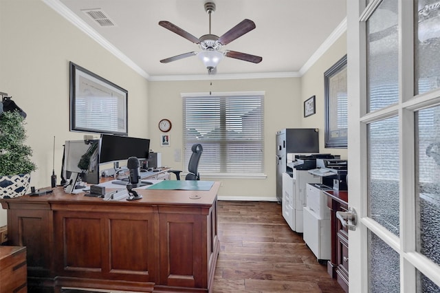 office area with crown molding, dark hardwood / wood-style floors, and ceiling fan