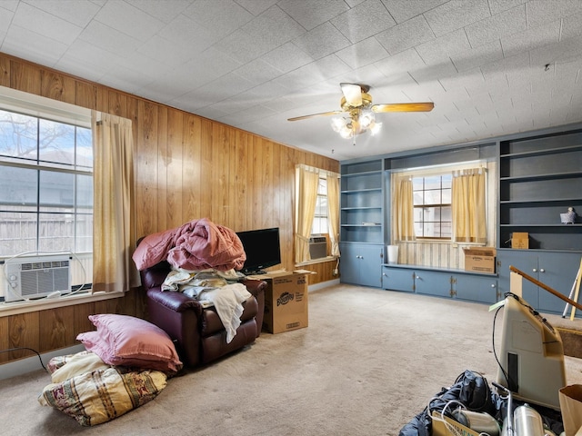 interior space featuring carpet floors, a healthy amount of sunlight, and wood walls