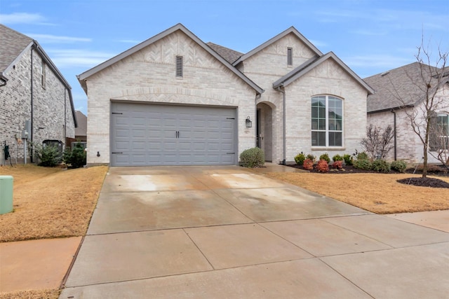 french country style house featuring a garage, roof with shingles, concrete driveway, and brick siding