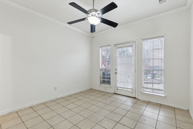 empty room featuring ornamental molding, light tile patterned flooring, and ceiling fan