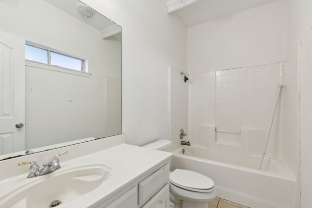 full bathroom with shower / bathtub combination, vanity, toilet, and tile patterned flooring