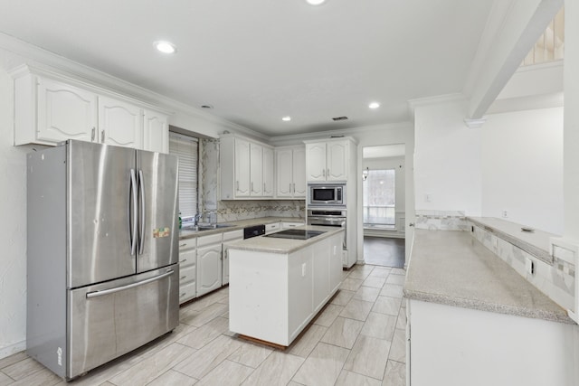 kitchen featuring white cabinetry, ornamental molding, and black appliances