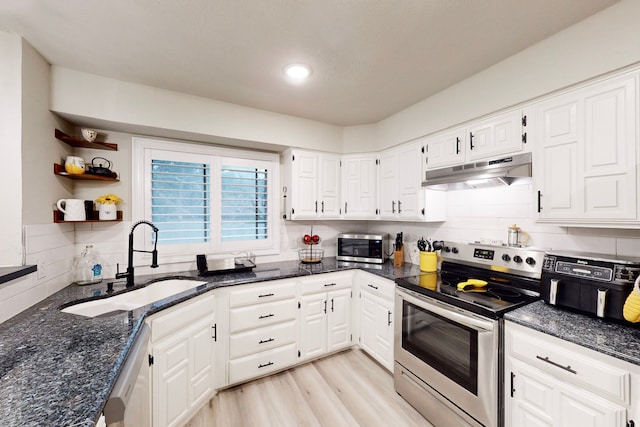 6808 Westglen Dr, Fort Worth, TX 76133 - kitchen with sink, white cabinetry, light hardwood / wood-style flooring, appliances with stainless steel finishes, and backsplash