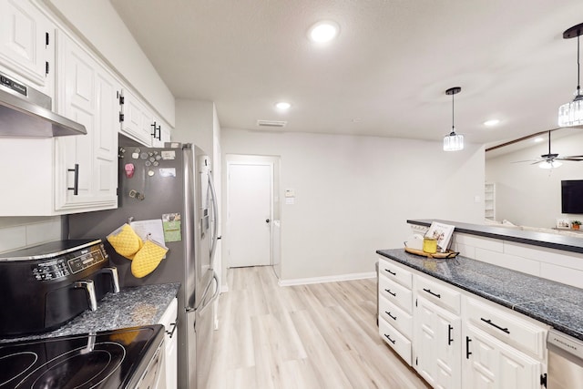 6808 Westglen Dr, Fort Worth, TX 76133 - kitchen with pendant lighting, electric range oven, white cabinets, stainless steel dishwasher, and light wood-type flooring